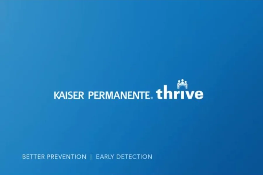 Kaiser Permanente thrive logo shown in the healthcare commercial